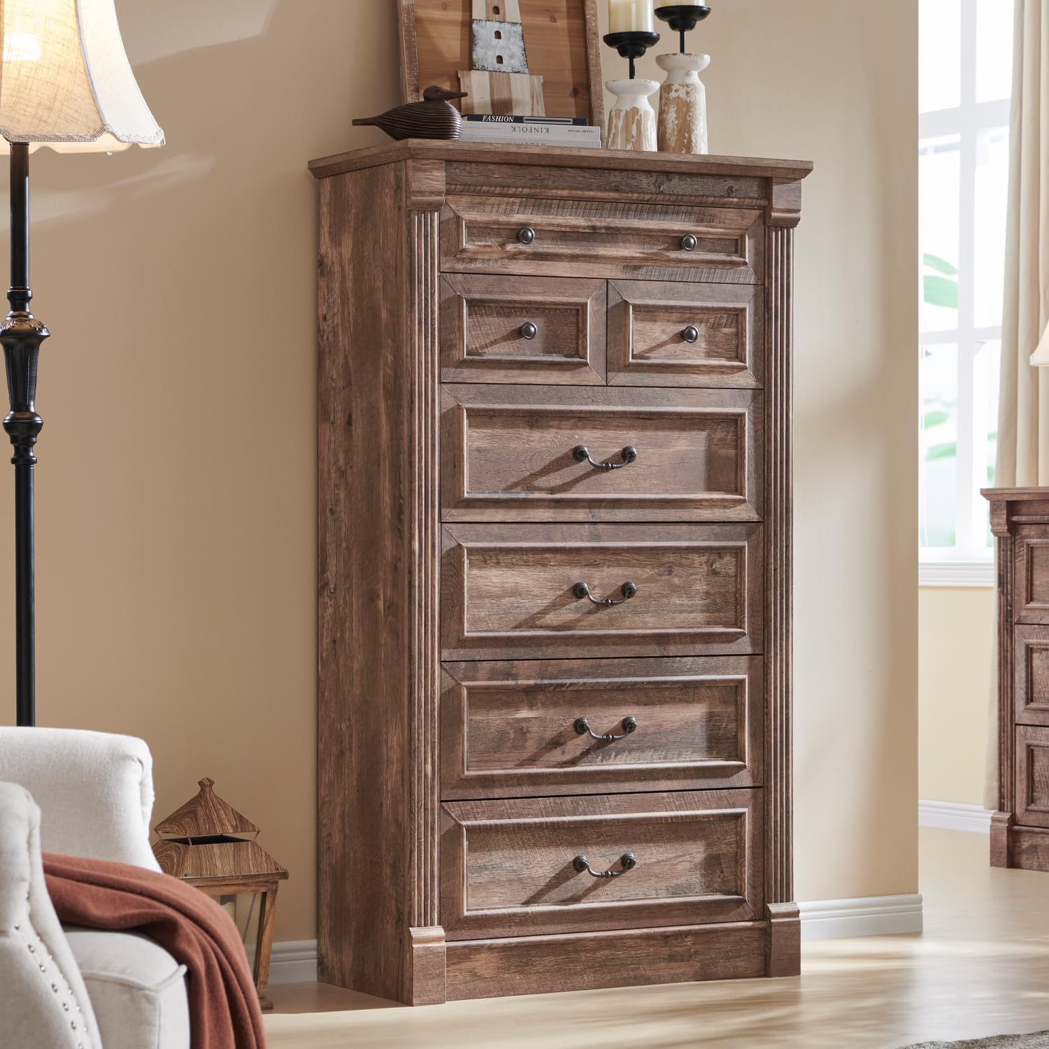 Aitjunz 5 Drawers Dresser for Bedroom, Farmhouse 46" Tall Dressers & Chests of Drawers w/Roman Column, Wood Rustic Closet Dresser w/Two Different Drawer Sizes for Bedroom, Living Room, Light Grey