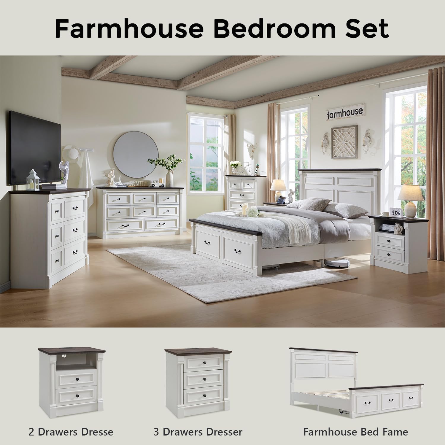 Aitjunz 26" Tall Farmhouse Nightstand Set of 2, 3 Drawers End Table w/Charging Station, 23.6" Wide Large Side Table w/Roman Column, Wood Rustic Sofa Table for Bedroom, Light Gray