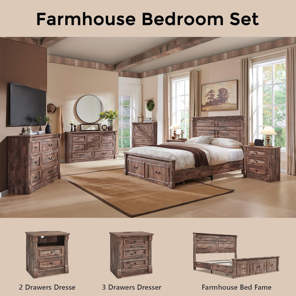 Aitjunz 26" Tall Farmhouse Nightstand Set of 2, 3 Drawers End Table w/Charging Station, 23.6" Wide Large Side Table w/Roman Column, Wood Rustic Sofa Table for Bedroom, Light Gray