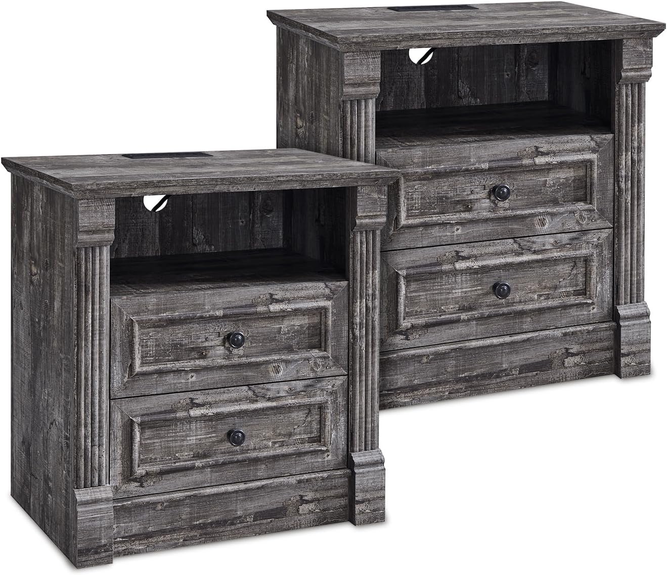 Aitjunz 26" Tall Farmhouse Nightstand Set of 2, 3 Drawers End Table w/Charging Station, 23.6" Wide Large Side Table w/Roman Column, Wood Rustic Sofa Table for Bedroom, Light Gray