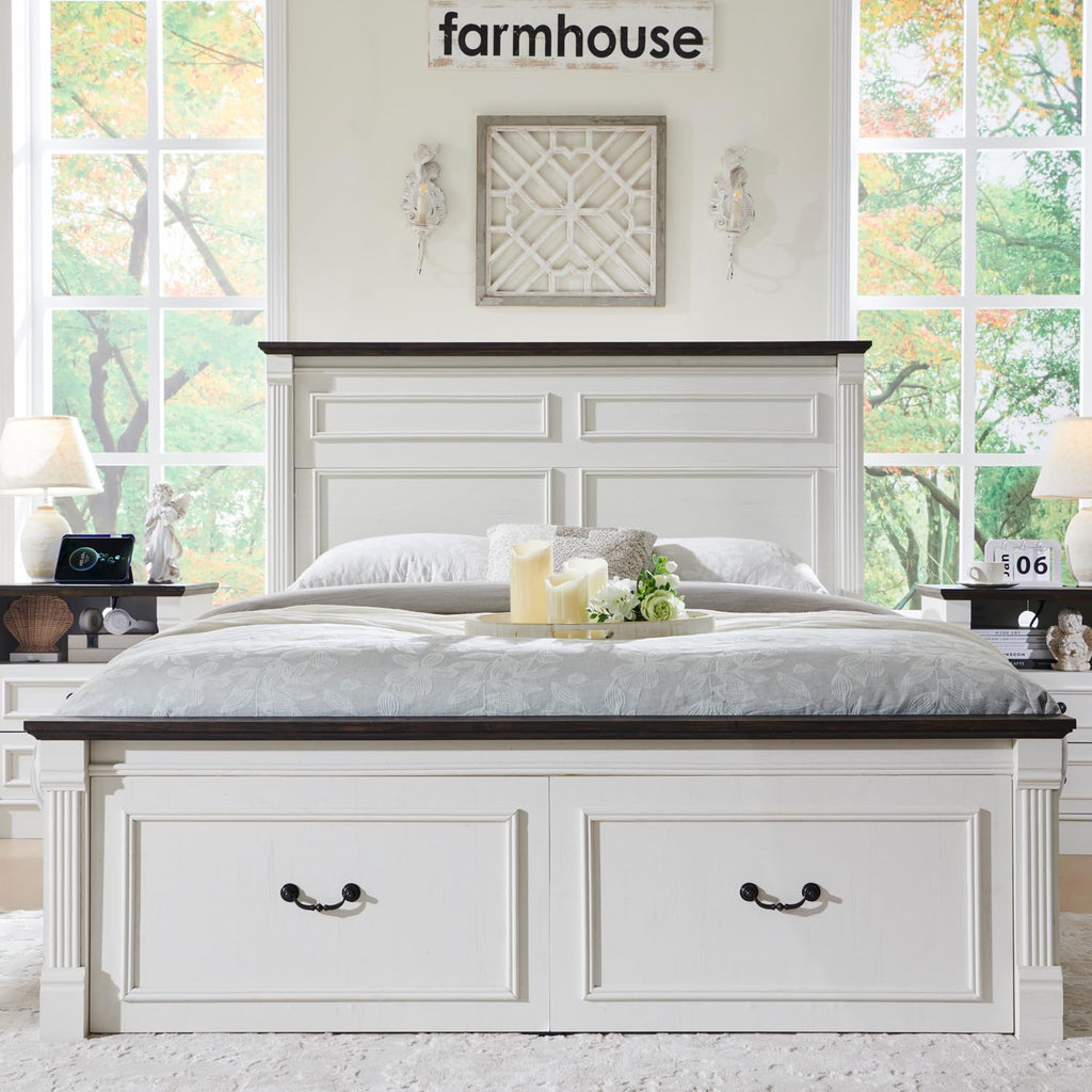 Aitjunz Farmhouse Queen Size Bed Frame with 51" Tall Headboard, Wood Platform Bed Frame with 20" Tall Roman Column Decoration Footboard & 2 Large Storage Drawers, No Box Spring Needed (Light Grey)