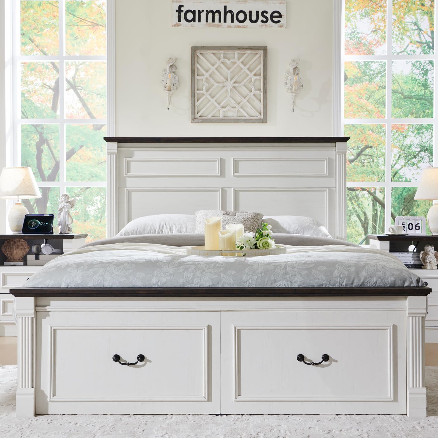 Aitjunz Farmhouse Queen Size Bed Frame with 51" Tall Headboard, Wood Platform Bed Frame with 20" Tall Roman Column Decoration Footboard & 2 Large Storage Drawers, No Box Spring Needed (Light Grey)