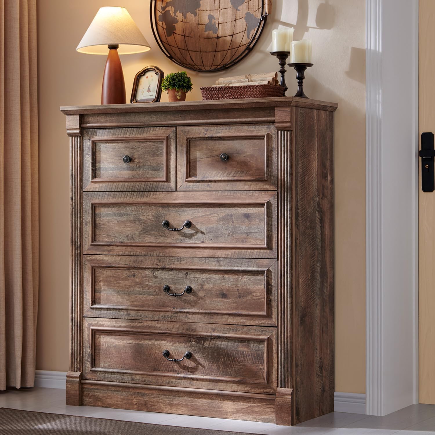 Aitjunz 5 Drawers Dresser for Bedroom, Farmhouse 46" Tall Dressers & Chests of Drawers w/Roman Column, Wood Rustic Closet Dresser w/Two Different Drawer Sizes for Bedroom, Living Room, Light Grey