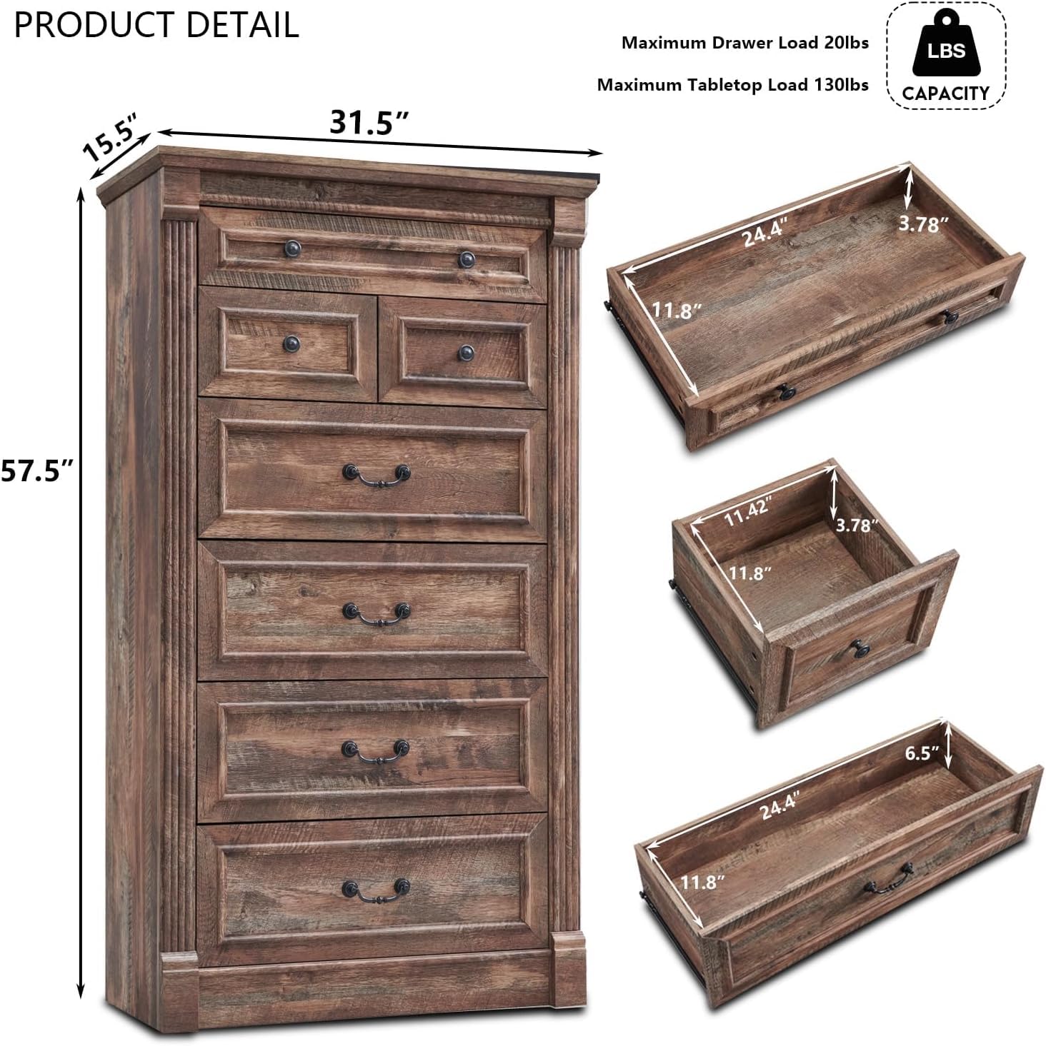 Aitjunz 5 Drawers Dresser for Bedroom, Farmhouse 46" Tall Dressers & Chests of Drawers w/Roman Column, Wood Rustic Closet Dresser w/Two Different Drawer Sizes for Bedroom, Living Room, Light Grey