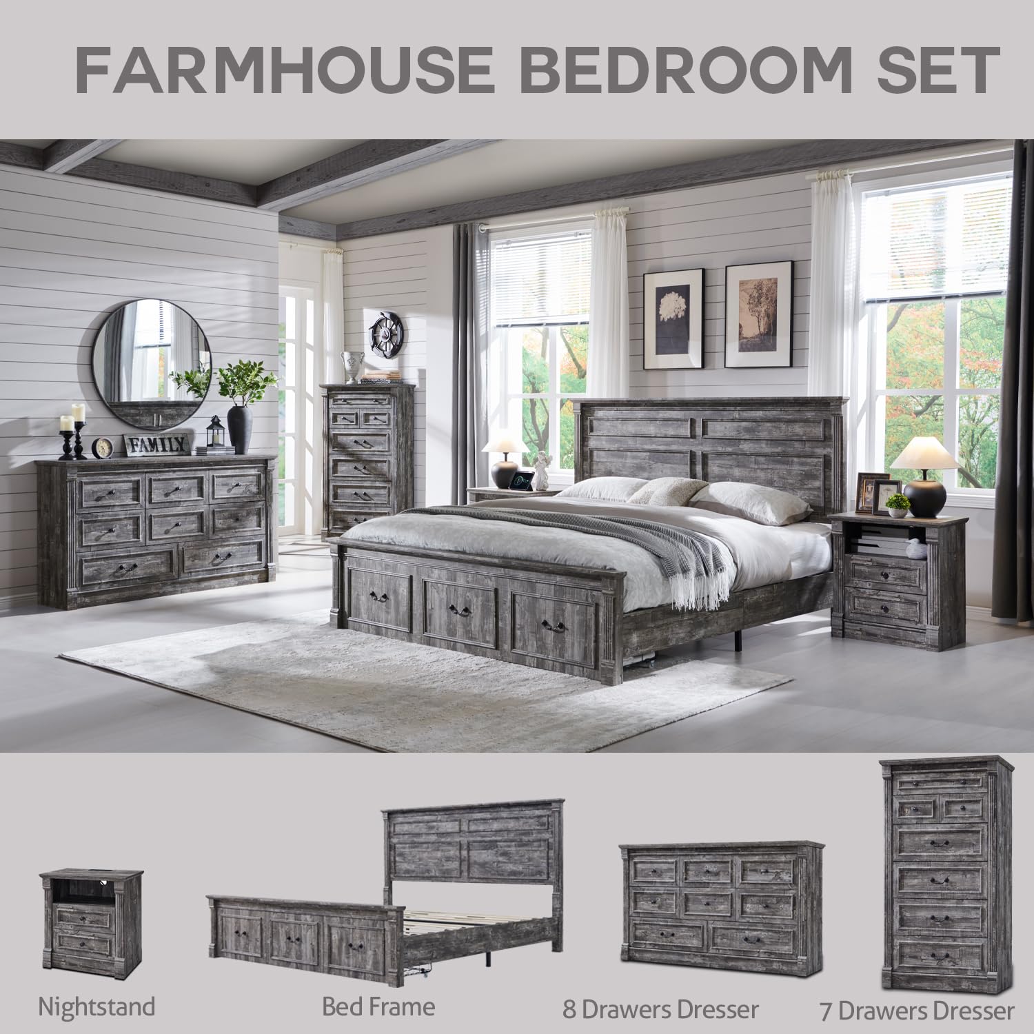 Aitjunz Farmhouse Queen Size Bed Frame with 51" Tall Headboard, Wood Platform Bed Frame with 20" Tall Roman Column Decoration Footboard & 2 Large Storage Drawers, No Box Spring Needed (Light Grey)