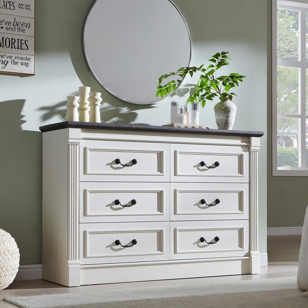 Aitjunz 5 Drawers Dresser for Bedroom, Farmhouse 46" Tall Dressers & Chests of Drawers w/Roman Column, Wood Rustic Closet Dresser w/Two Different Drawer Sizes for Bedroom, Living Room, Light Grey