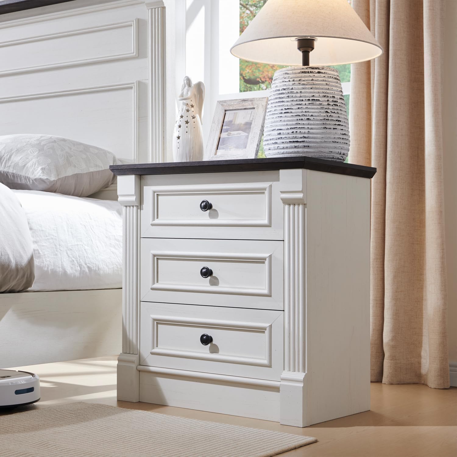 Aitjunz 26" Tall Farmhouse Nightstand Set of 2, 3 Drawers End Table w/Charging Station, 23.6" Wide Large Side Table w/Roman Column, Wood Rustic Sofa Table for Bedroom, Light Gray