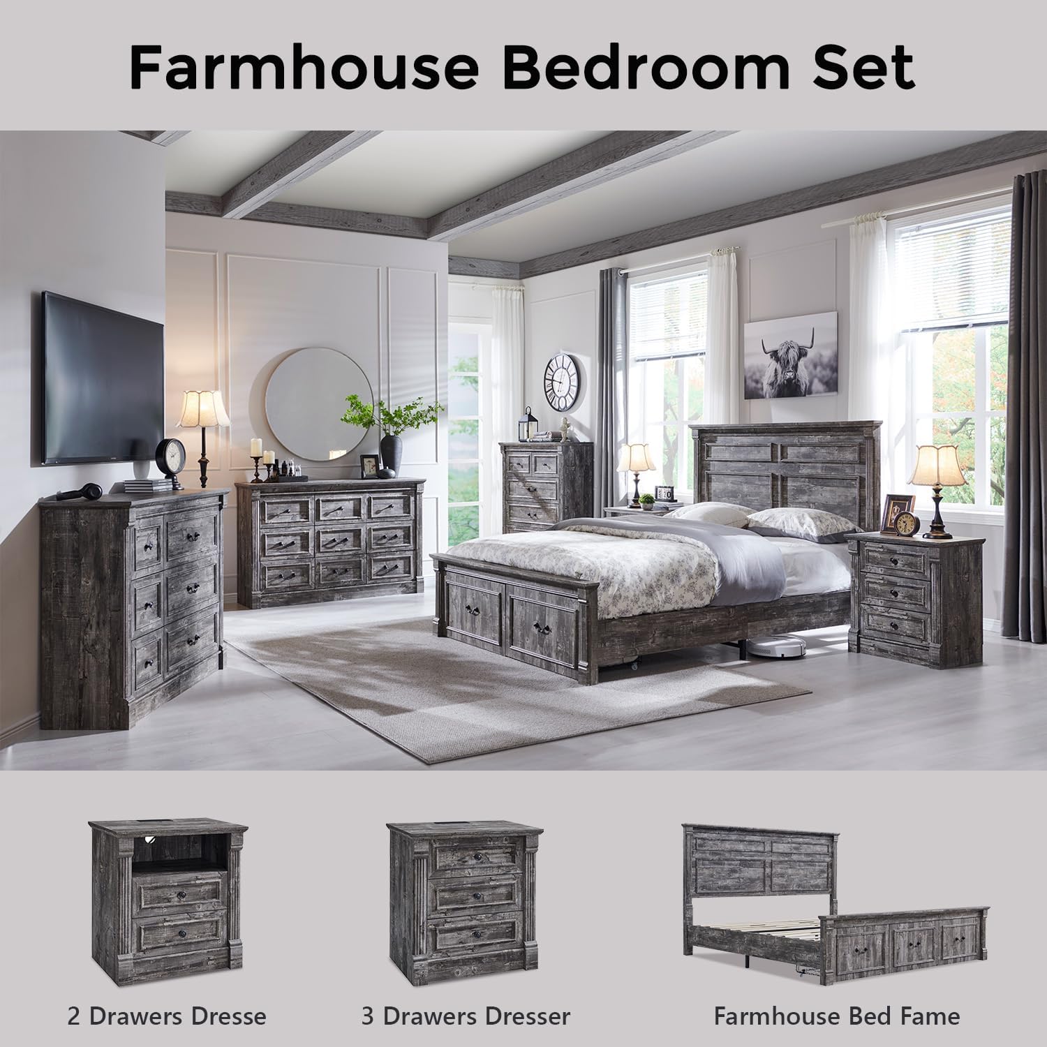 Aitjunz 26" Tall Farmhouse Nightstand Set of 2, 3 Drawers End Table w/Charging Station, 23.6" Wide Large Side Table w/Roman Column, Wood Rustic Sofa Table for Bedroom, Light Gray