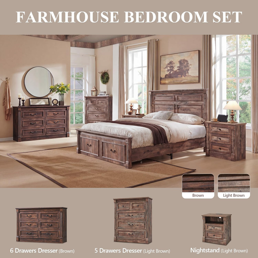 Aitjunz 5 Drawers Dresser for Bedroom, Farmhouse 46" Tall Dressers & Chests of Drawers w/Roman Column, Wood Rustic Closet Dresser w/Two Different Drawer Sizes for Bedroom, Living Room, Light Grey