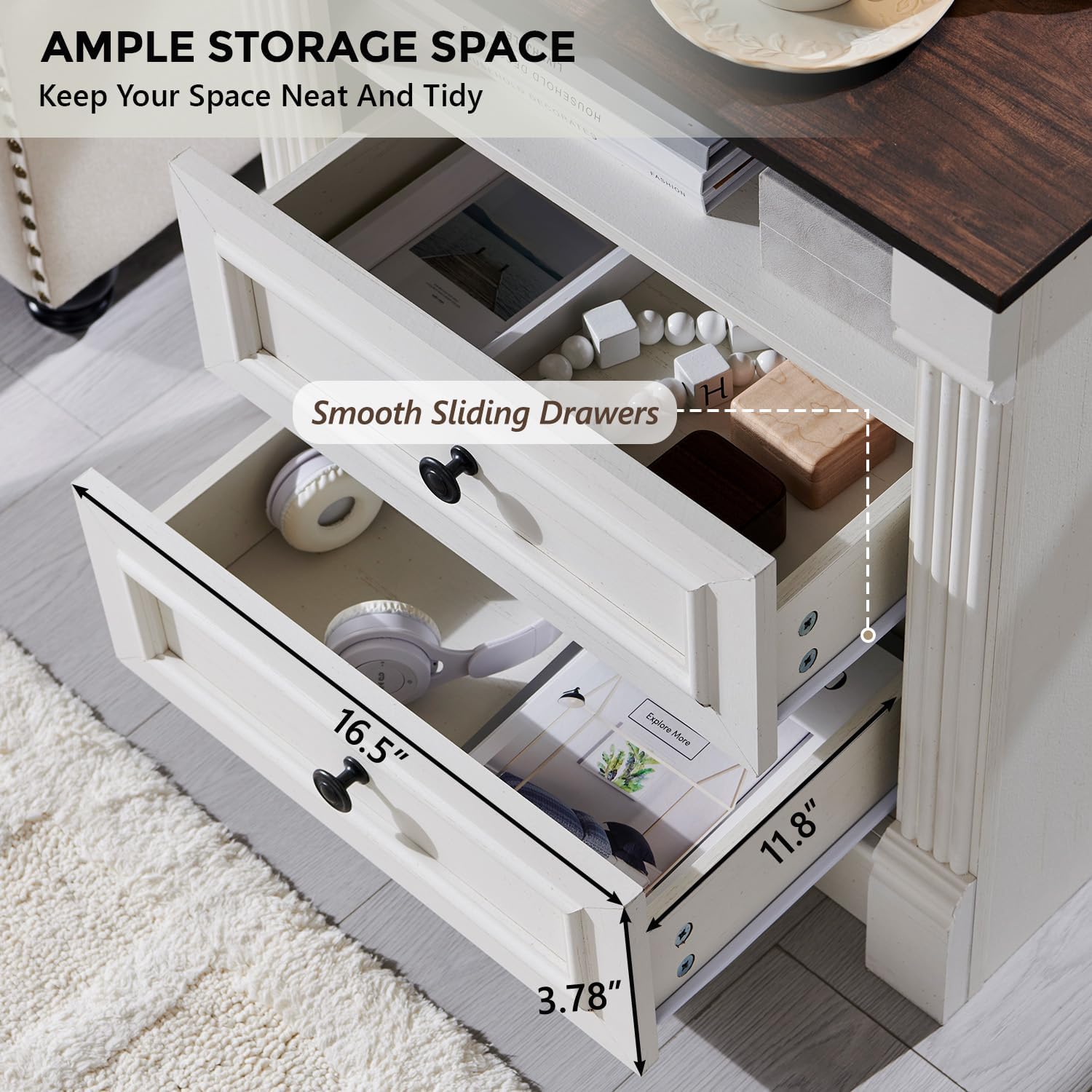 Aitjunz 26" Tall Farmhouse Nightstand Set of 2, 3 Drawers End Table w/Charging Station, 23.6" Wide Large Side Table w/Roman Column, Wood Rustic Sofa Table for Bedroom, Light Gray