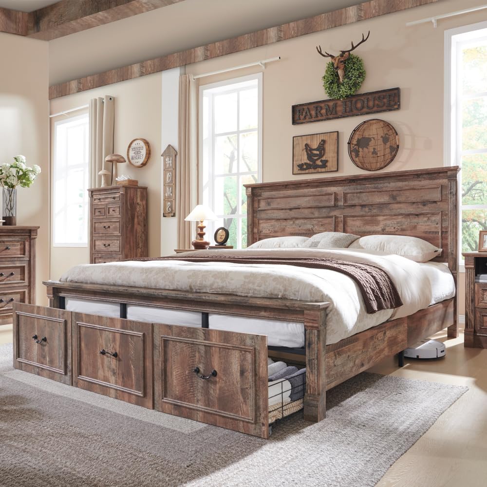 Aitjunz Farmhouse Queen Size Bed Frame with 51" Tall Headboard, Wood Platform Bed Frame with 20" Tall Roman Column Decoration Footboard & 2 Large Storage Drawers, No Box Spring Needed (Light Grey)