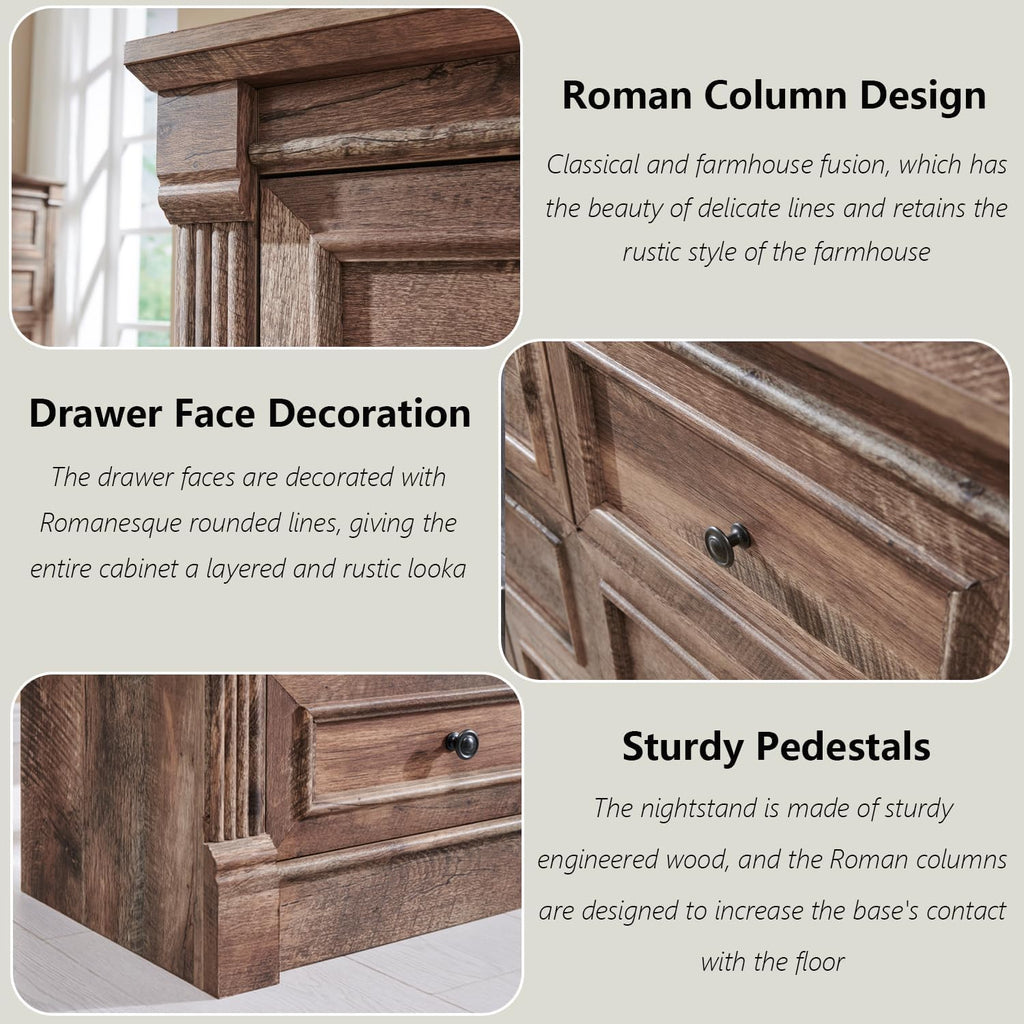 Aitjunz 5 Drawers Dresser for Bedroom, Farmhouse 46" Tall Dressers & Chests of Drawers w/Roman Column, Wood Rustic Closet Dresser w/Two Different Drawer Sizes for Bedroom, Living Room, Light Grey