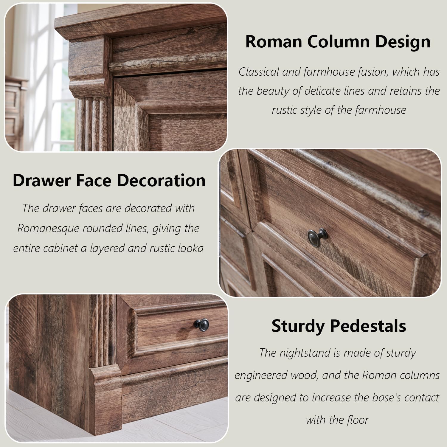Aitjunz 5 Drawers Dresser for Bedroom, Farmhouse 46" Tall Dressers & Chests of Drawers w/Roman Column, Wood Rustic Closet Dresser w/Two Different Drawer Sizes for Bedroom, Living Room, Light Grey