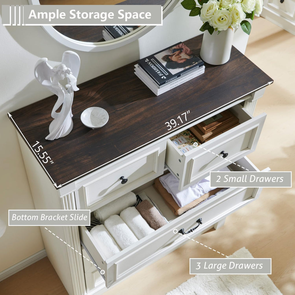 Aitjunz 5 Drawers Dresser for Bedroom, Farmhouse 46" Tall Dressers & Chests of Drawers w/Roman Column, Wood Rustic Closet Dresser w/Two Different Drawer Sizes for Bedroom, Living Room, Light Grey