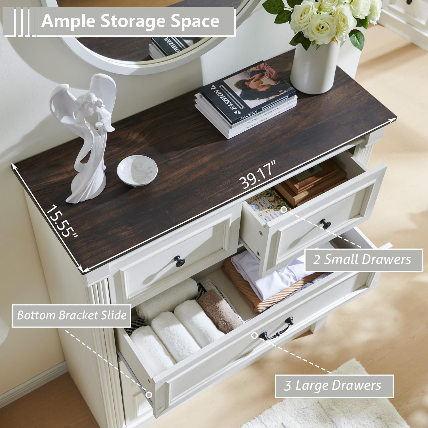 Aitjunz 5 Drawers Dresser for Bedroom, Farmhouse 46" Tall Dressers & Chests of Drawers w/Roman Column, Wood Rustic Closet Dresser w/Two Different Drawer Sizes for Bedroom, Living Room, Light Grey