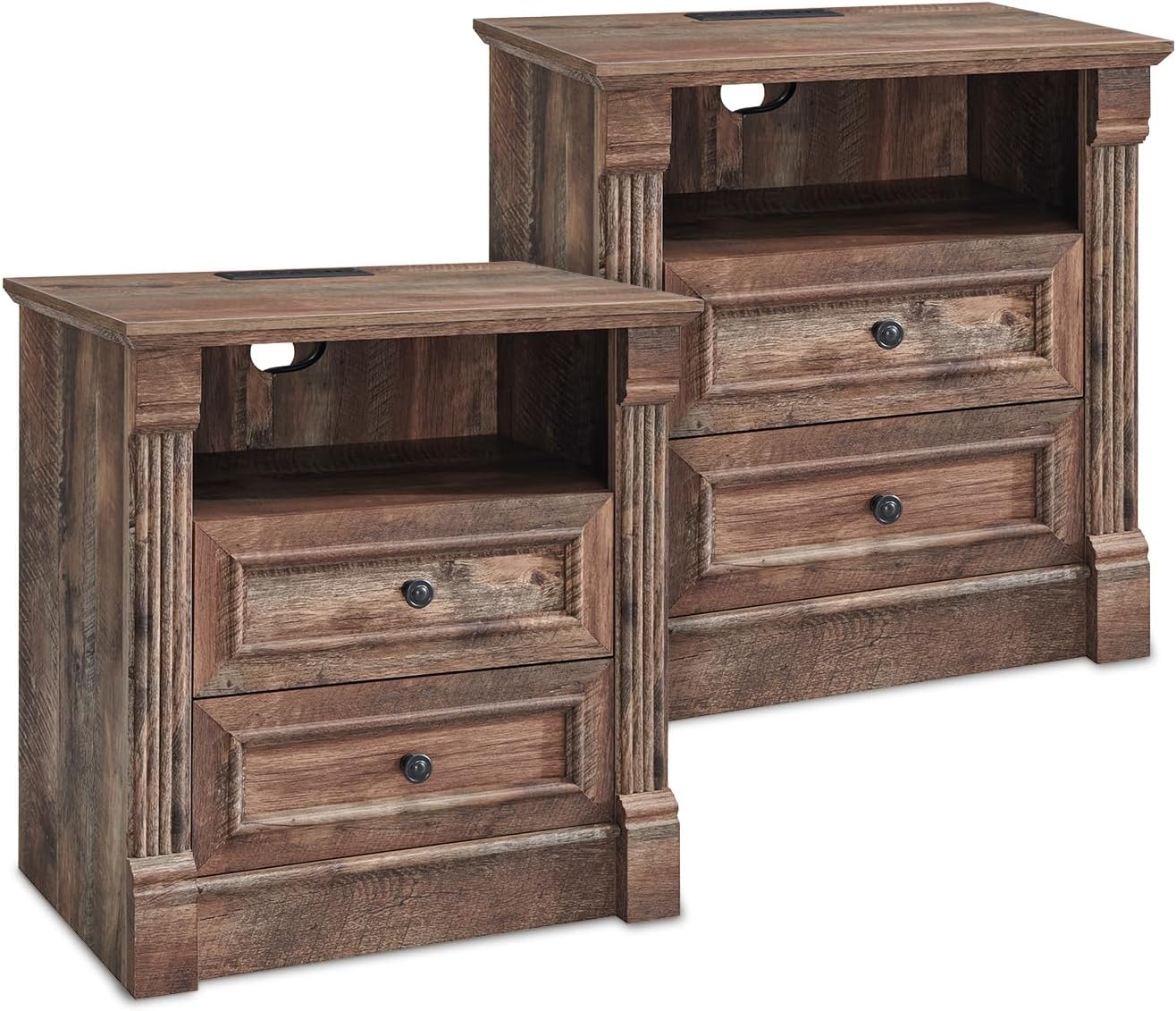 Aitjunz 26" Tall Farmhouse Nightstand Set of 2, 3 Drawers End Table w/Charging Station, 23.6" Wide Large Side Table w/Roman Column, Wood Rustic Sofa Table for Bedroom, Light Gray
