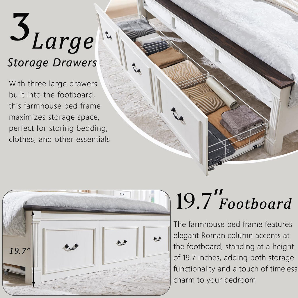 Aitjunz Farmhouse Queen Size Bed Frame with 51" Tall Headboard, Wood Platform Bed Frame with 20" Tall Roman Column Decoration Footboard & 2 Large Storage Drawers, No Box Spring Needed (Light Grey)