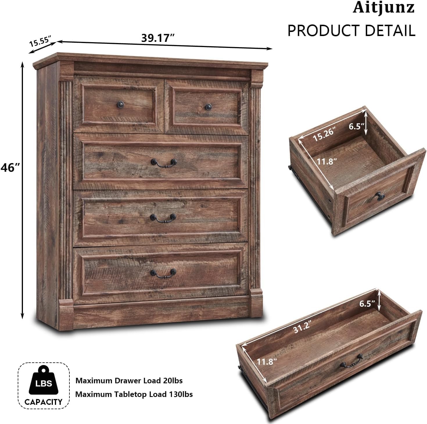 Aitjunz 5 Drawers Dresser for Bedroom, Farmhouse 46" Tall Dressers & Chests of Drawers w/Roman Column, Wood Rustic Closet Dresser w/Two Different Drawer Sizes for Bedroom, Living Room, Light Grey