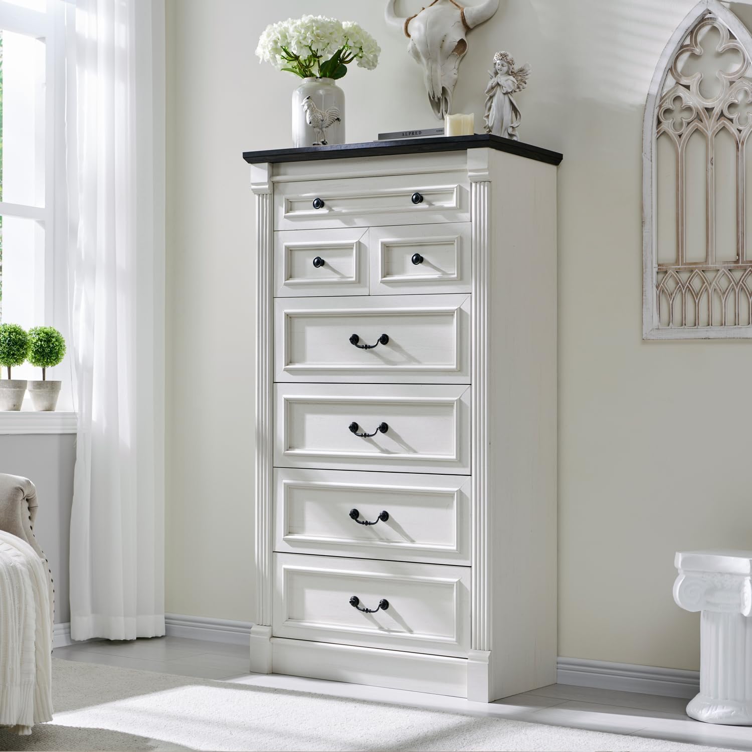 Aitjunz 5 Drawers Dresser for Bedroom, Farmhouse 46" Tall Dressers & Chests of Drawers w/Roman Column, Wood Rustic Closet Dresser w/Two Different Drawer Sizes for Bedroom, Living Room, Light Grey