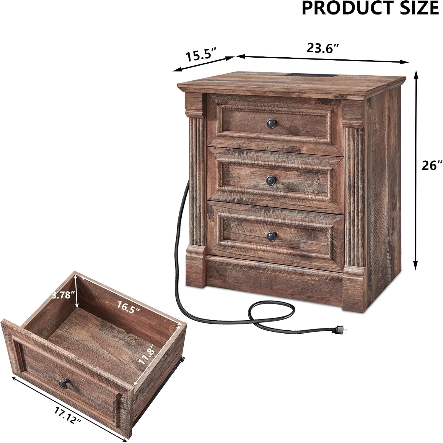 Aitjunz 26" Tall Farmhouse Nightstand Set of 2, 3 Drawers End Table w/Charging Station, 23.6" Wide Large Side Table w/Roman Column, Wood Rustic Sofa Table for Bedroom, Light Gray