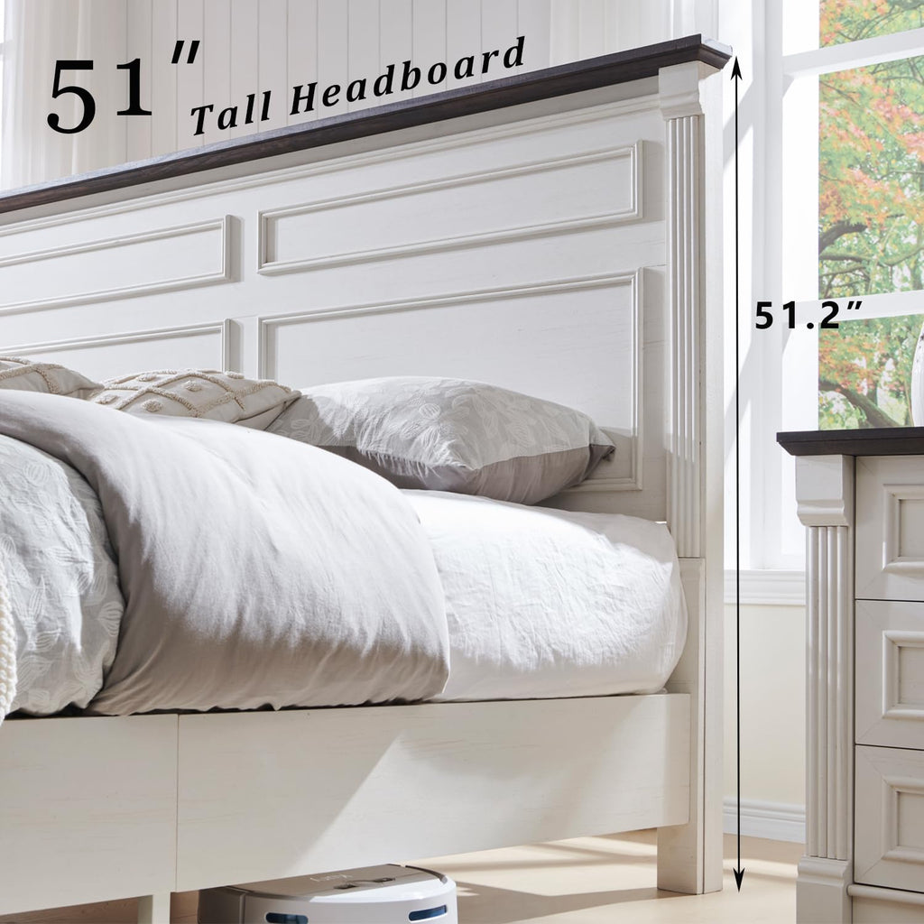 Aitjunz Farmhouse Queen Size Bed Frame with 51" Tall Headboard, Wood Platform Bed Frame with 20" Tall Roman Column Decoration Footboard & 2 Large Storage Drawers, No Box Spring Needed (Light Grey)