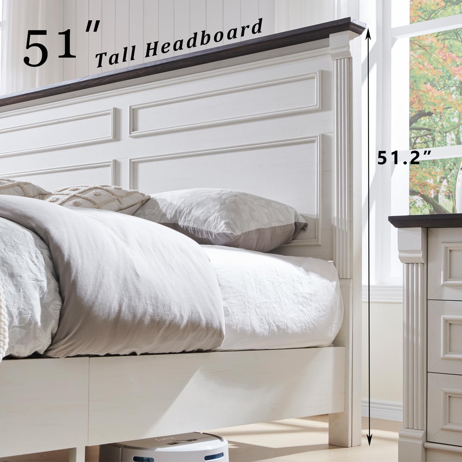 Aitjunz Farmhouse Queen Size Bed Frame with 51" Tall Headboard, Wood Platform Bed Frame with 20" Tall Roman Column Decoration Footboard & 2 Large Storage Drawers, No Box Spring Needed (Light Grey)