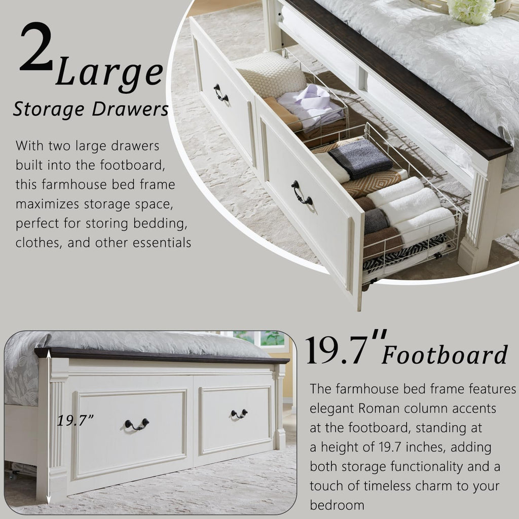 Aitjunz Farmhouse Queen Size Bed Frame with 51" Tall Headboard, Wood Platform Bed Frame with 20" Tall Roman Column Decoration Footboard & 2 Large Storage Drawers, No Box Spring Needed (Light Grey)
