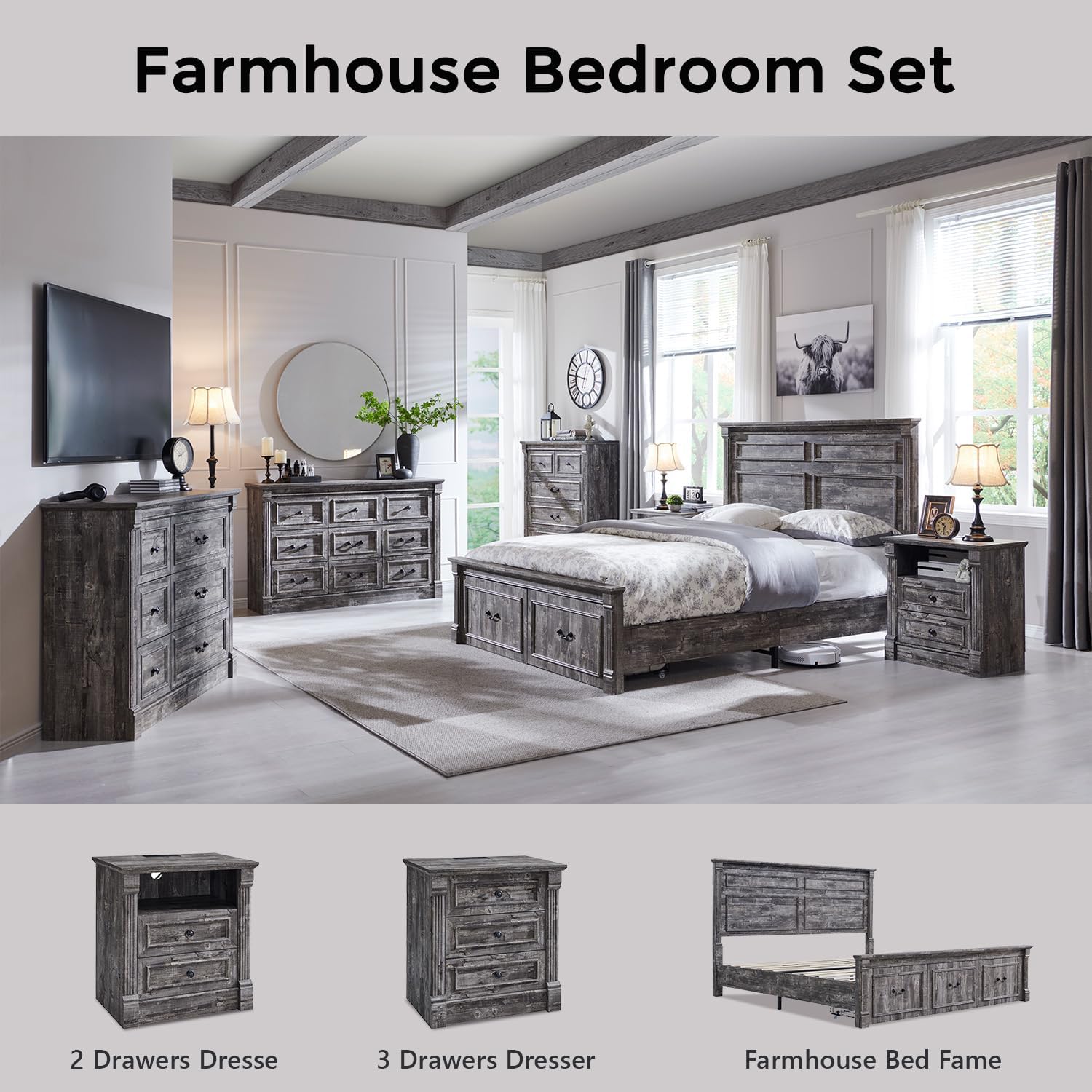 Aitjunz 26" Tall Farmhouse Nightstand Set of 2, 3 Drawers End Table w/Charging Station, 23.6" Wide Large Side Table w/Roman Column, Wood Rustic Sofa Table for Bedroom, Light Gray