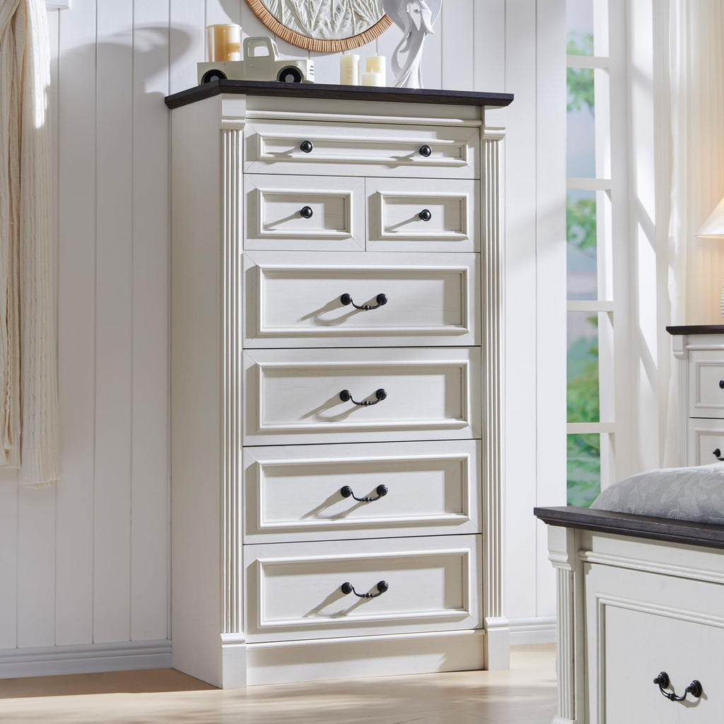 Aitjunz 5 Drawers Dresser for Bedroom, Farmhouse 46" Tall Dressers & Chests of Drawers w/Roman Column, Wood Rustic Closet Dresser w/Two Different Drawer Sizes for Bedroom, Living Room, Light Grey
