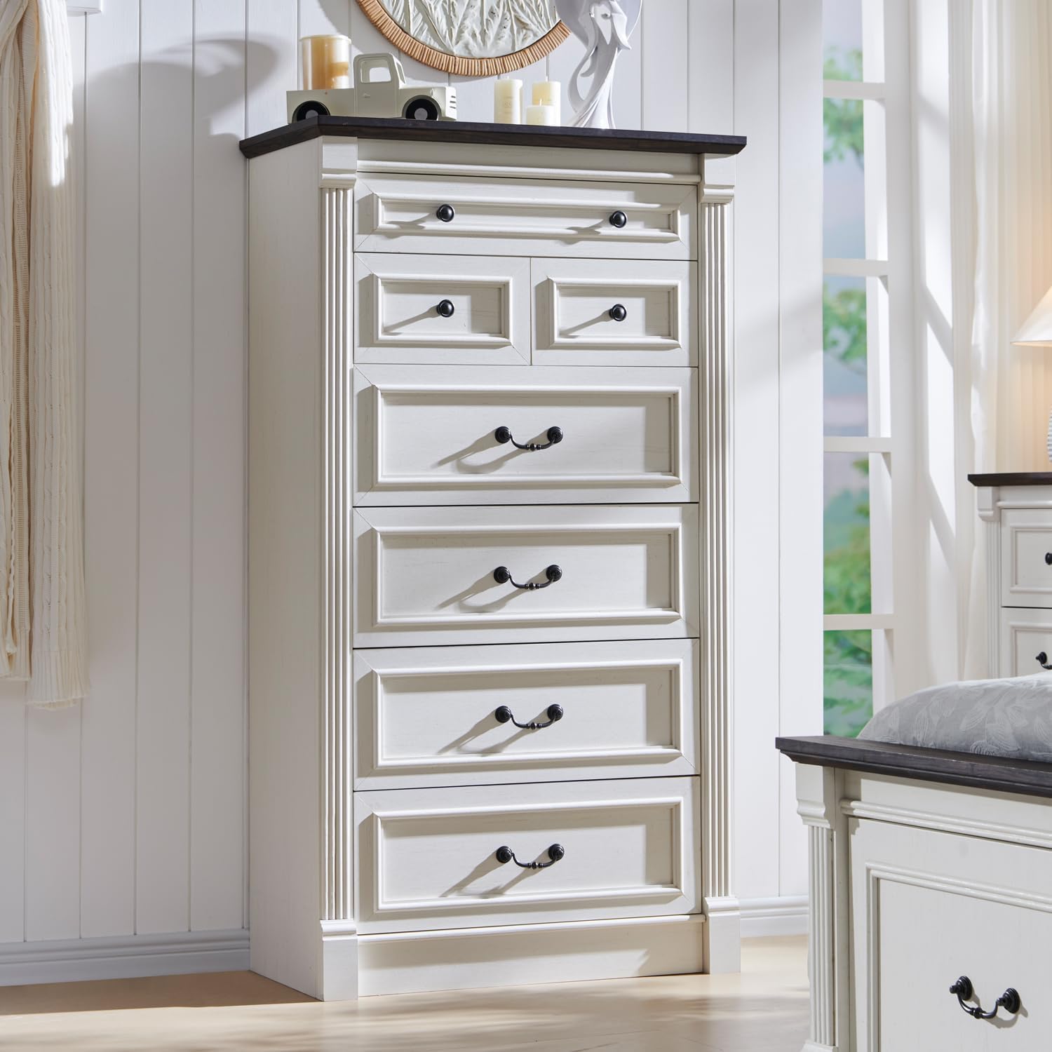 Aitjunz 5 Drawers Dresser for Bedroom, Farmhouse 46" Tall Dressers & Chests of Drawers w/Roman Column, Wood Rustic Closet Dresser w/Two Different Drawer Sizes for Bedroom, Living Room, Light Grey