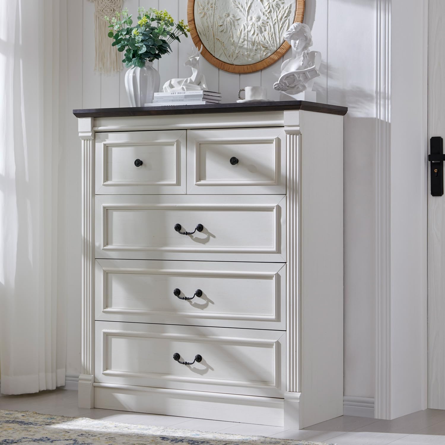 Aitjunz 5 Drawers Dresser for Bedroom, Farmhouse 46" Tall Dressers & Chests of Drawers w/Roman Column, Wood Rustic Closet Dresser w/Two Different Drawer Sizes for Bedroom, Living Room, Light Grey