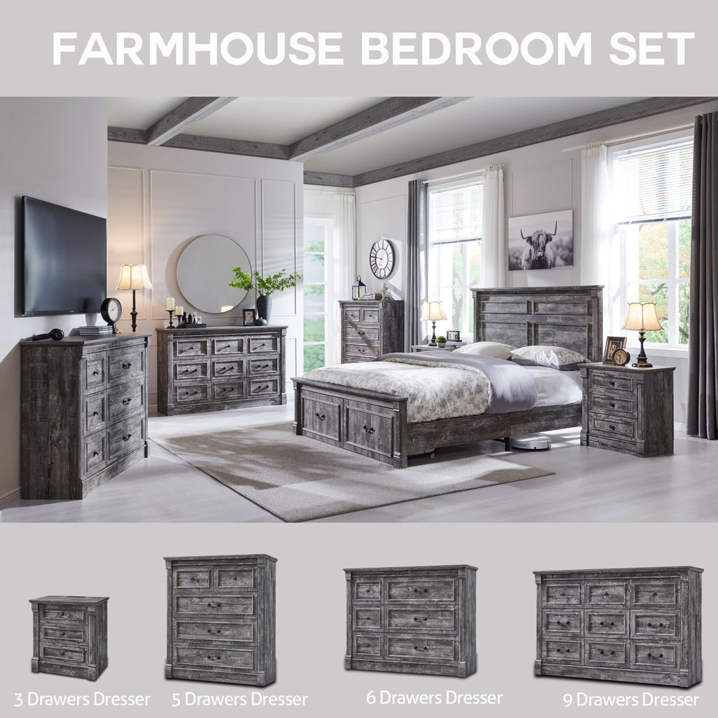 Aitjunz 5 Drawers Dresser for Bedroom, Farmhouse 46" Tall Dressers & Chests of Drawers w/Roman Column, Wood Rustic Closet Dresser w/Two Different Drawer Sizes for Bedroom, Living Room, Light Grey