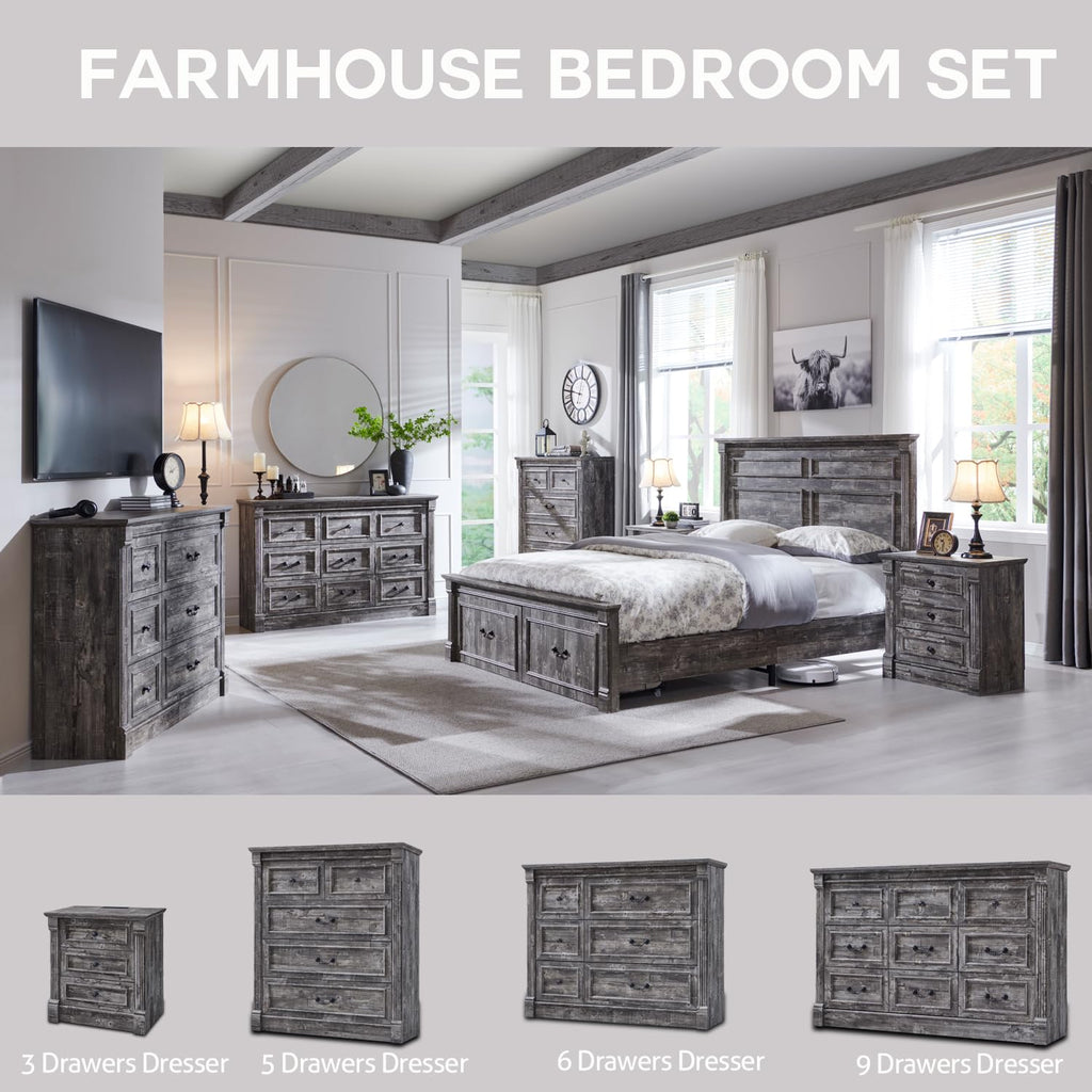 Aitjunz 5 Drawers Dresser for Bedroom, Farmhouse 46" Tall Dressers & Chests of Drawers w/Roman Column, Wood Rustic Closet Dresser w/Two Different Drawer Sizes for Bedroom, Living Room, Light Grey