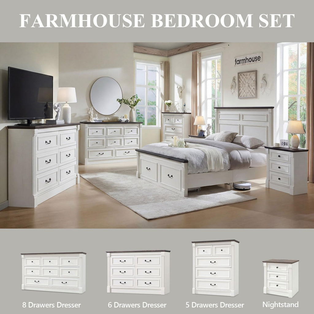 Aitjunz 5 Drawers Dresser for Bedroom, Farmhouse 46" Tall Dressers & Chests of Drawers w/Roman Column, Wood Rustic Closet Dresser w/Two Different Drawer Sizes for Bedroom, Living Room, Light Grey