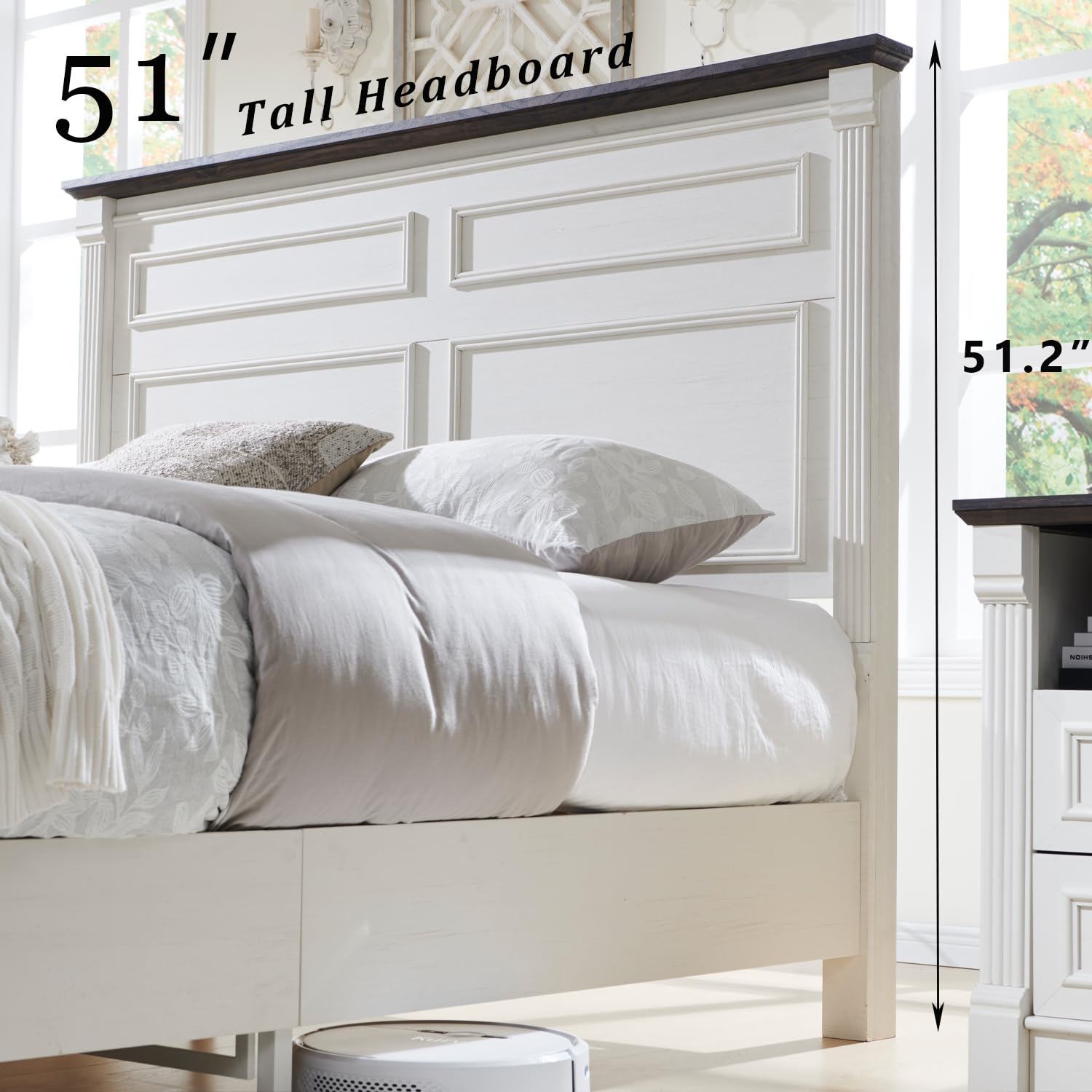 Aitjunz Farmhouse Queen Size Bed Frame with 51" Tall Headboard, Wood Platform Bed Frame with 20" Tall Roman Column Decoration Footboard & 2 Large Storage Drawers, No Box Spring Needed (Light Grey)
