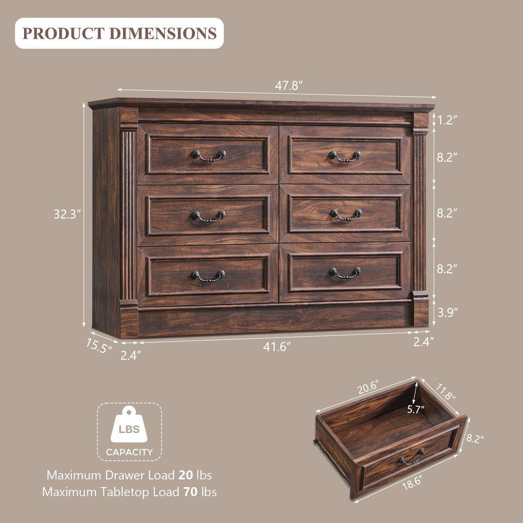 Aitjunz 5 Drawers Dresser for Bedroom, Farmhouse 46" Tall Dressers & Chests of Drawers w/Roman Column, Wood Rustic Closet Dresser w/Two Different Drawer Sizes for Bedroom, Living Room, Light Grey