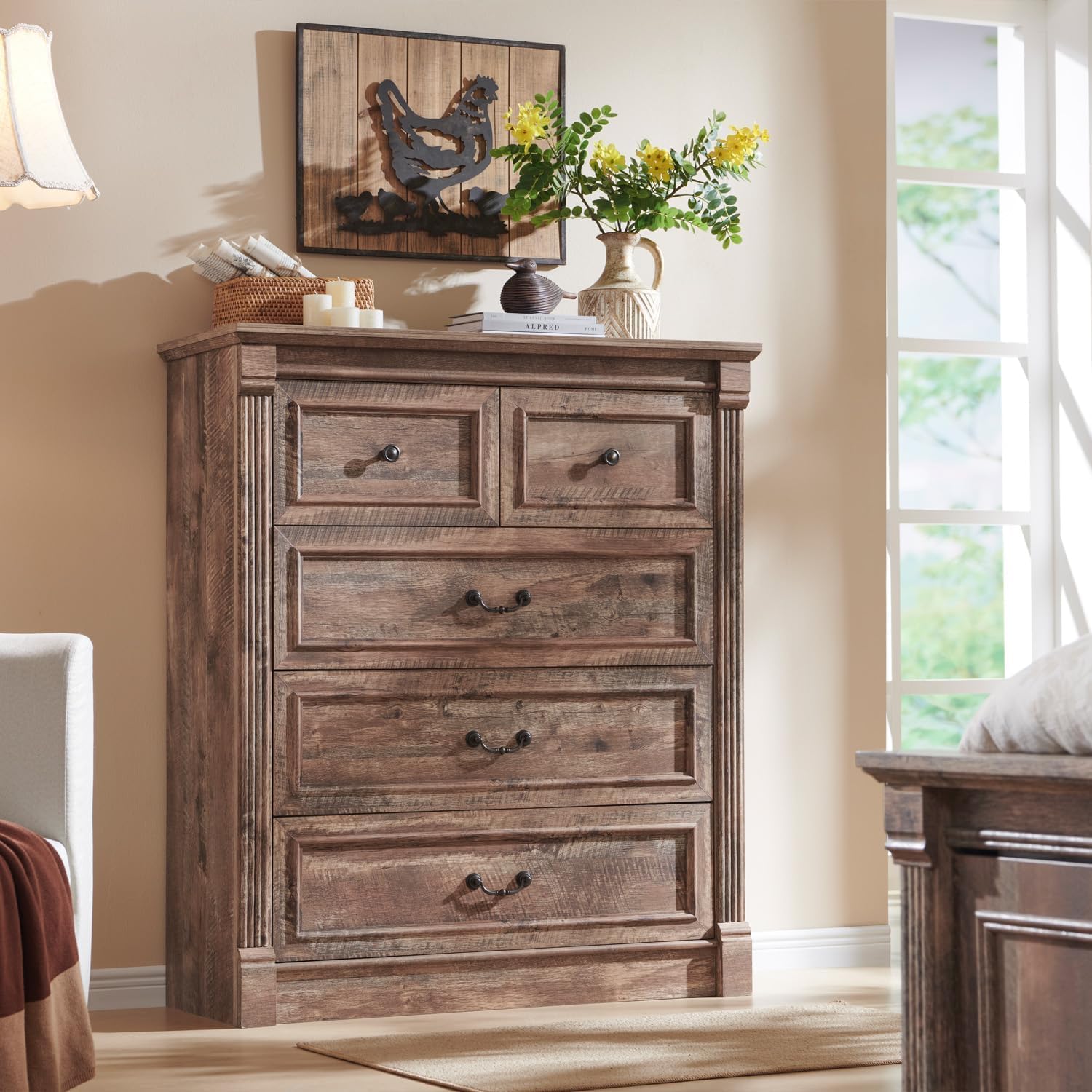 Aitjunz 5 Drawers Dresser for Bedroom, Farmhouse 46" Tall Dressers & Chests of Drawers w/Roman Column, Wood Rustic Closet Dresser w/Two Different Drawer Sizes for Bedroom, Living Room, Light Grey