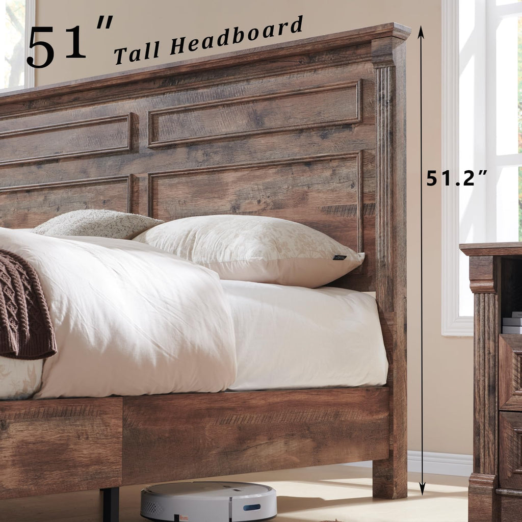 Aitjunz Farmhouse Queen Size Bed Frame with 51" Tall Headboard, Wood Platform Bed Frame with 20" Tall Roman Column Decoration Footboard & 2 Large Storage Drawers, No Box Spring Needed (Light Grey)