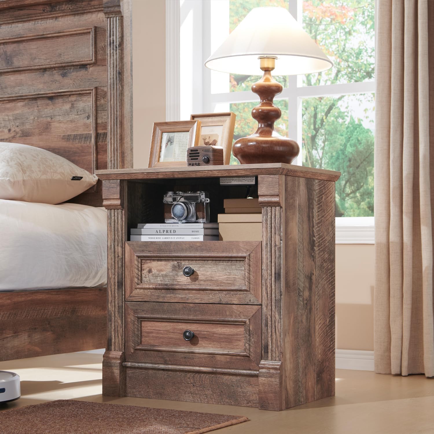 Aitjunz 26" Tall Farmhouse Nightstand Set of 2, 3 Drawers End Table w/Charging Station, 23.6" Wide Large Side Table w/Roman Column, Wood Rustic Sofa Table for Bedroom, Light Gray