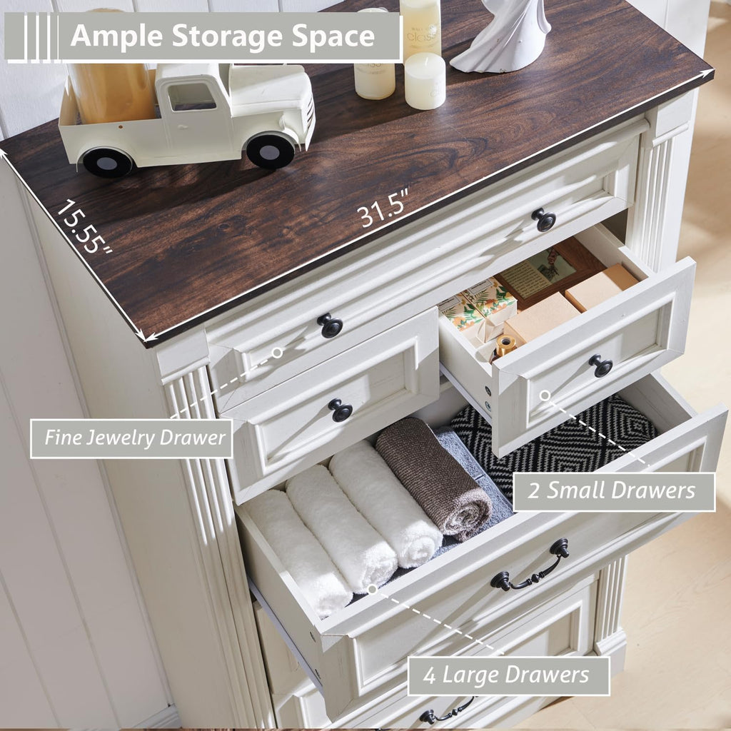 Aitjunz 5 Drawers Dresser for Bedroom, Farmhouse 46" Tall Dressers & Chests of Drawers w/Roman Column, Wood Rustic Closet Dresser w/Two Different Drawer Sizes for Bedroom, Living Room, Light Grey