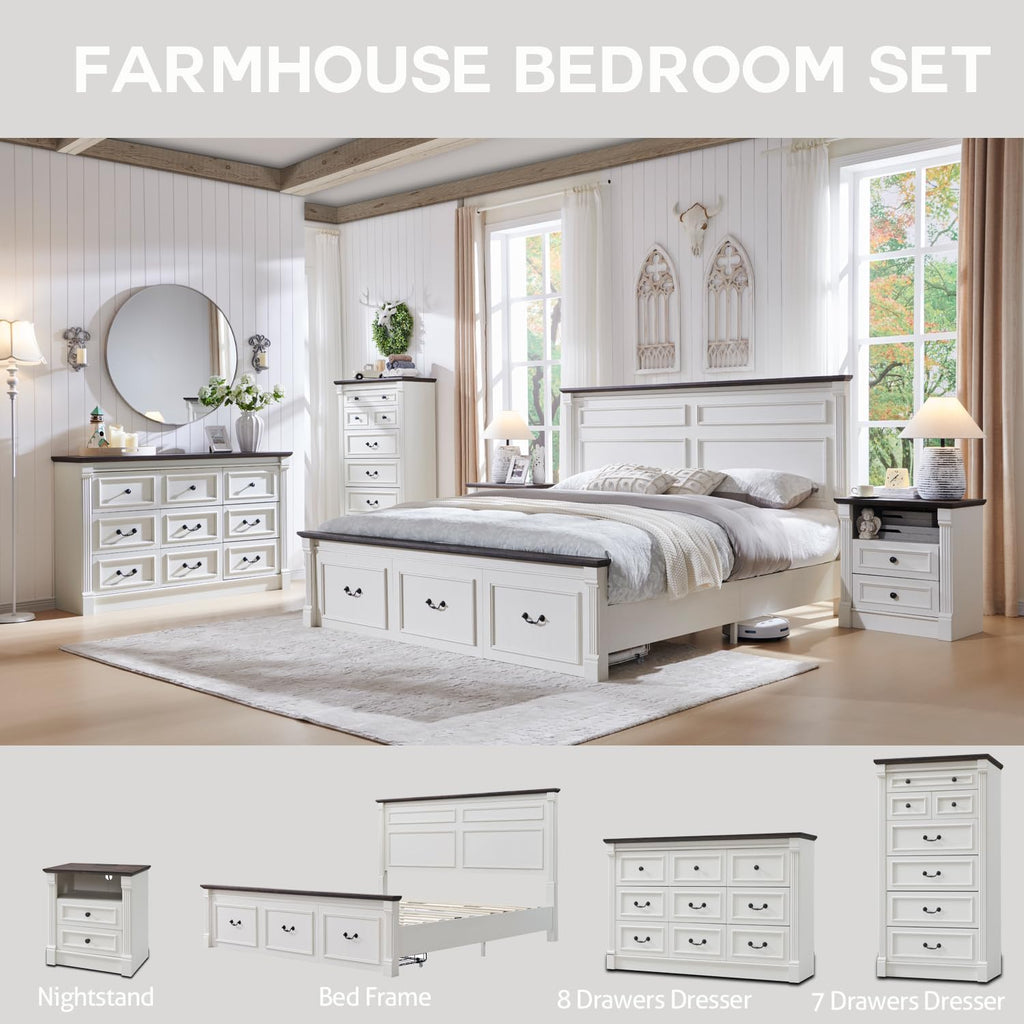 Aitjunz Farmhouse Queen Size Bed Frame with 51" Tall Headboard, Wood Platform Bed Frame with 20" Tall Roman Column Decoration Footboard & 2 Large Storage Drawers, No Box Spring Needed (Light Grey)