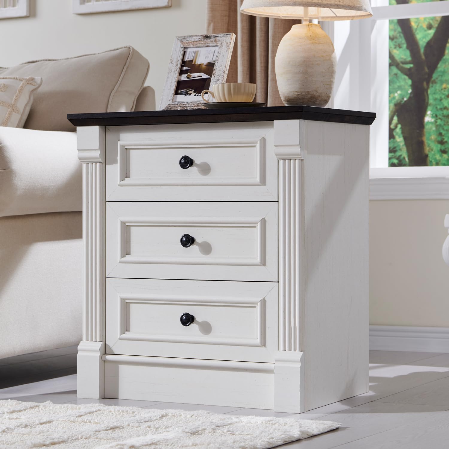 Aitjunz 5 Drawers Dresser for Bedroom, Farmhouse 46" Tall Dressers & Chests of Drawers w/Roman Column, Wood Rustic Closet Dresser w/Two Different Drawer Sizes for Bedroom, Living Room, Light Grey
