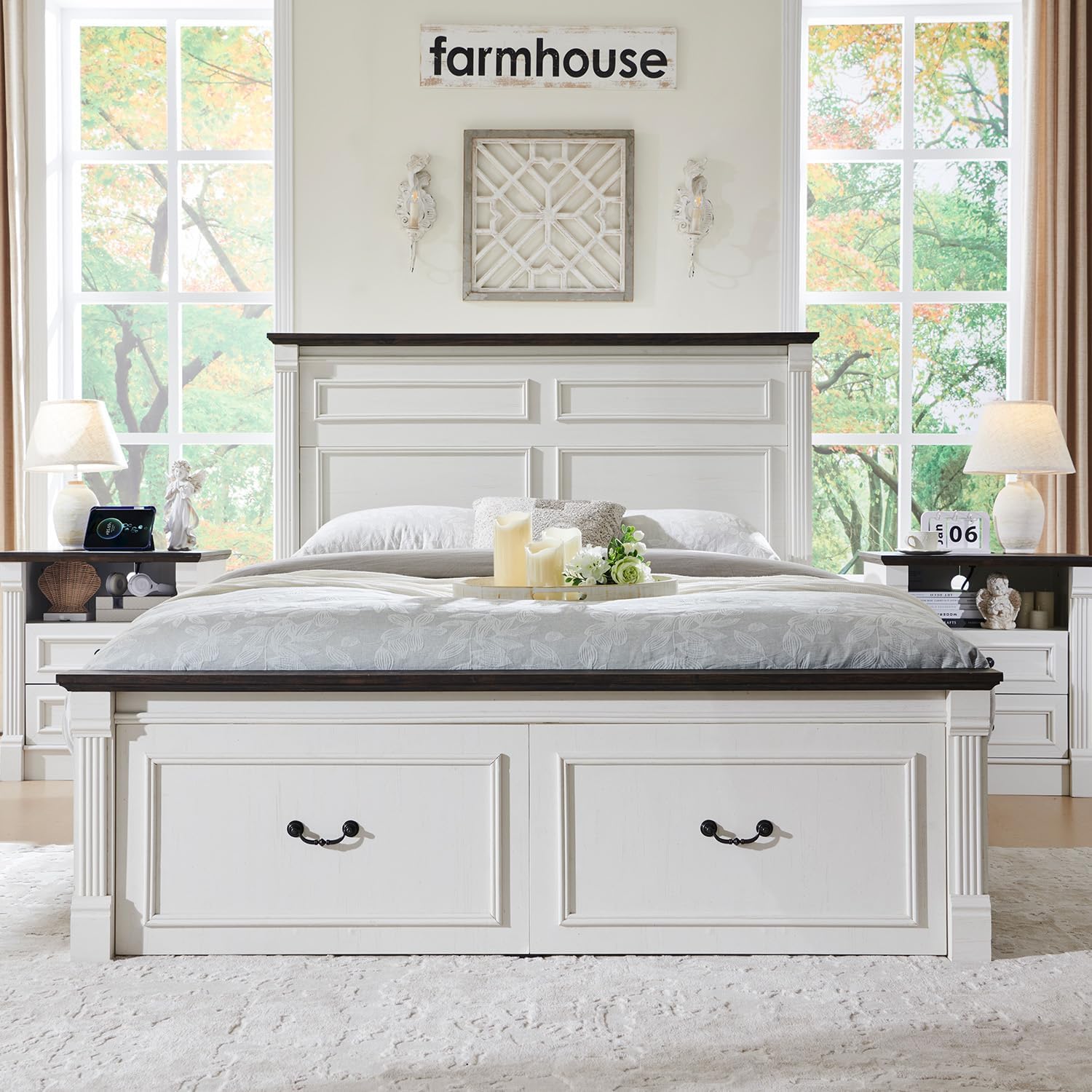 Aitjunz 26" Tall Farmhouse Nightstand Set of 2, 3 Drawers End Table w/Charging Station, 23.6" Wide Large Side Table w/Roman Column, Wood Rustic Sofa Table for Bedroom, Light Gray