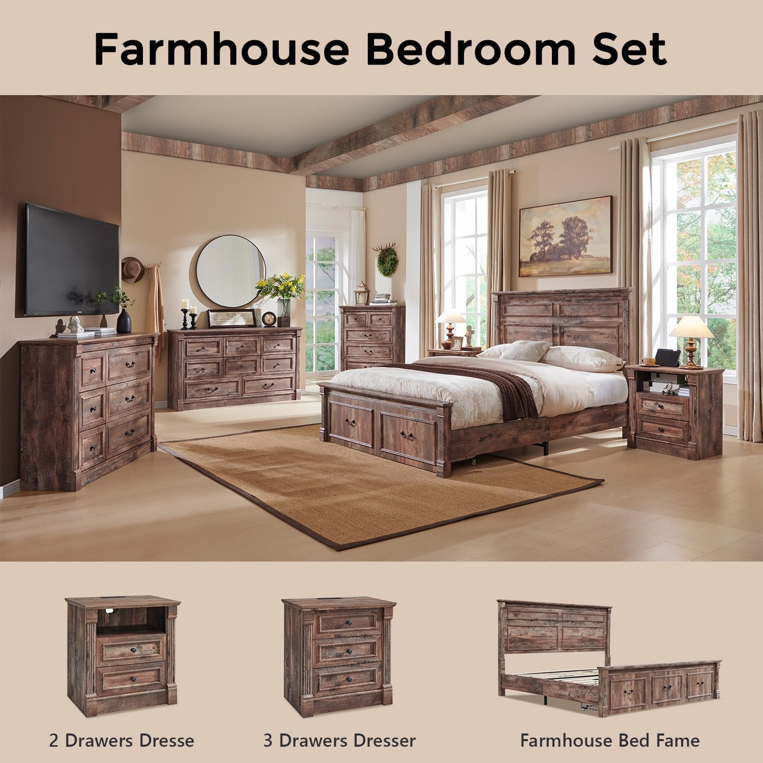 Aitjunz 26" Tall Farmhouse Nightstand Set of 2, 3 Drawers End Table w/Charging Station, 23.6" Wide Large Side Table w/Roman Column, Wood Rustic Sofa Table for Bedroom, Light Gray