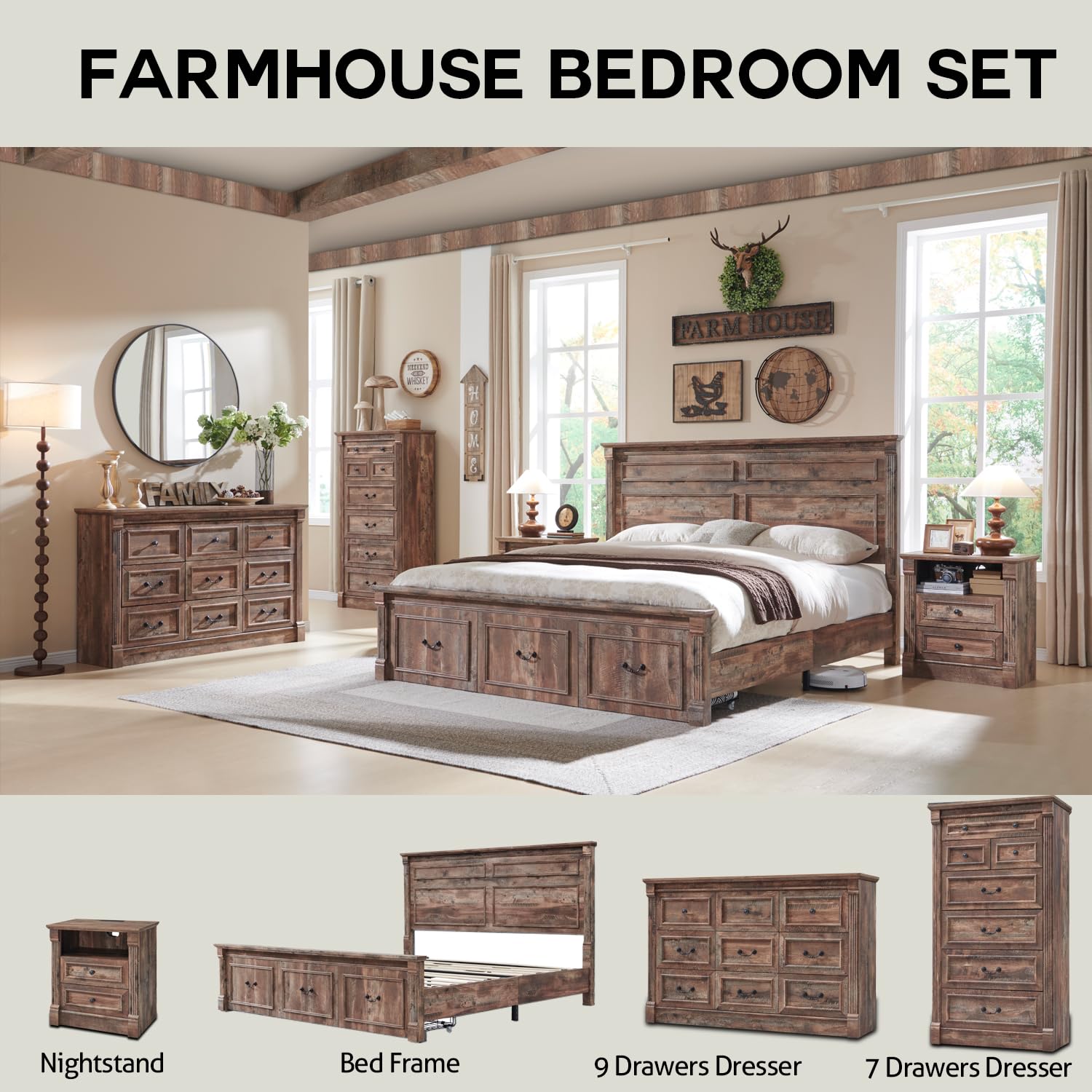 Aitjunz Farmhouse Queen Size Bed Frame with 51" Tall Headboard, Wood Platform Bed Frame with 20" Tall Roman Column Decoration Footboard & 2 Large Storage Drawers, No Box Spring Needed (Light Grey)