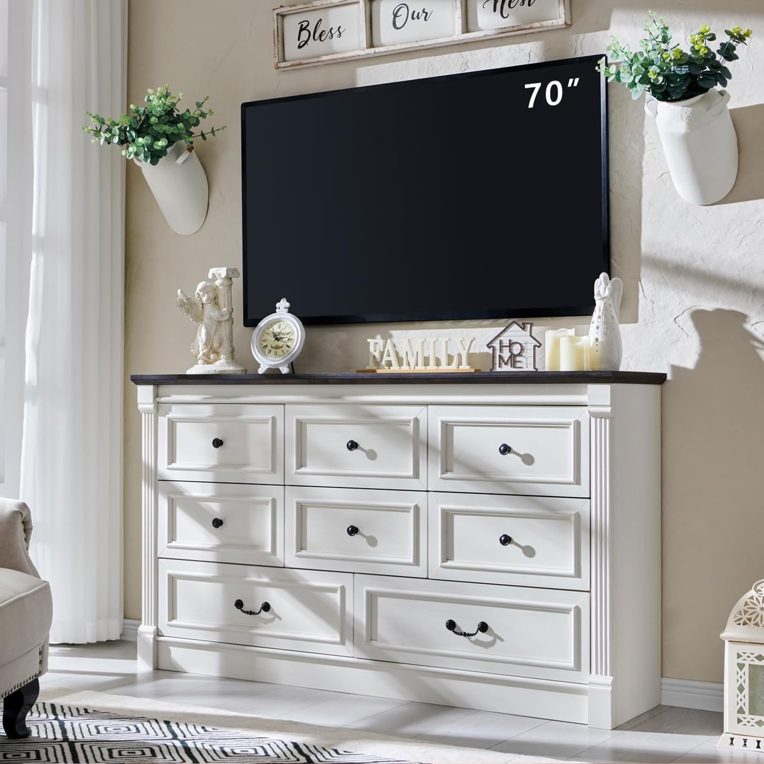 Aitjunz 5 Drawers Dresser for Bedroom, Farmhouse 46" Tall Dressers & Chests of Drawers w/Roman Column, Wood Rustic Closet Dresser w/Two Different Drawer Sizes for Bedroom, Living Room, Light Grey
