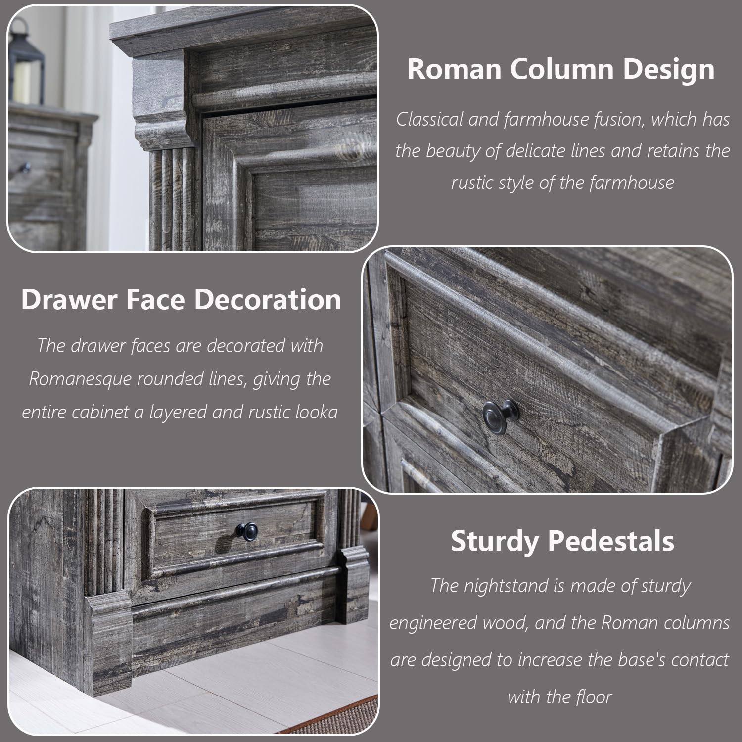 Aitjunz 5 Drawers Dresser for Bedroom, Farmhouse 46" Tall Dressers & Chests of Drawers w/Roman Column, Wood Rustic Closet Dresser w/Two Different Drawer Sizes for Bedroom, Living Room, Light Grey