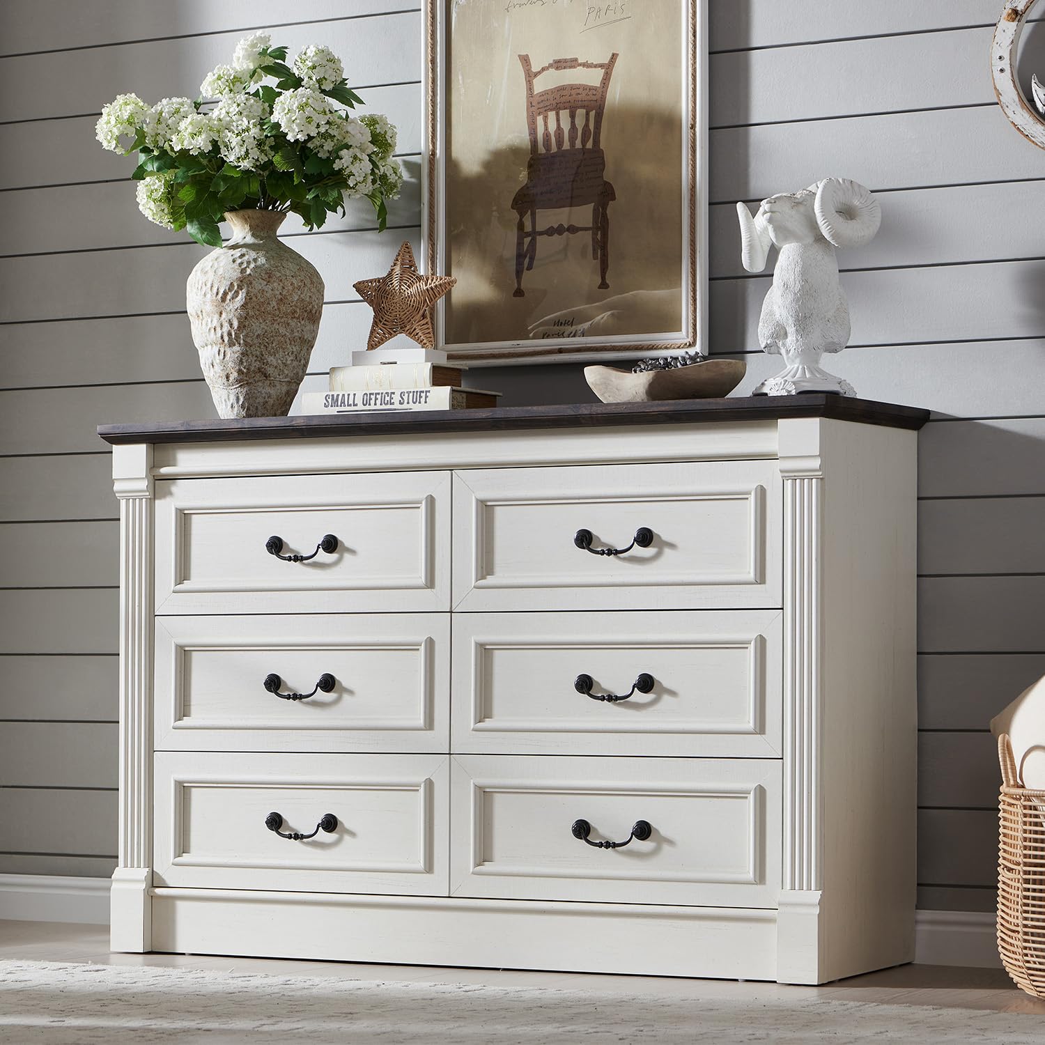 Aitjunz 5 Drawers Dresser for Bedroom, Farmhouse 46" Tall Dressers & Chests of Drawers w/Roman Column, Wood Rustic Closet Dresser w/Two Different Drawer Sizes for Bedroom, Living Room, Light Grey