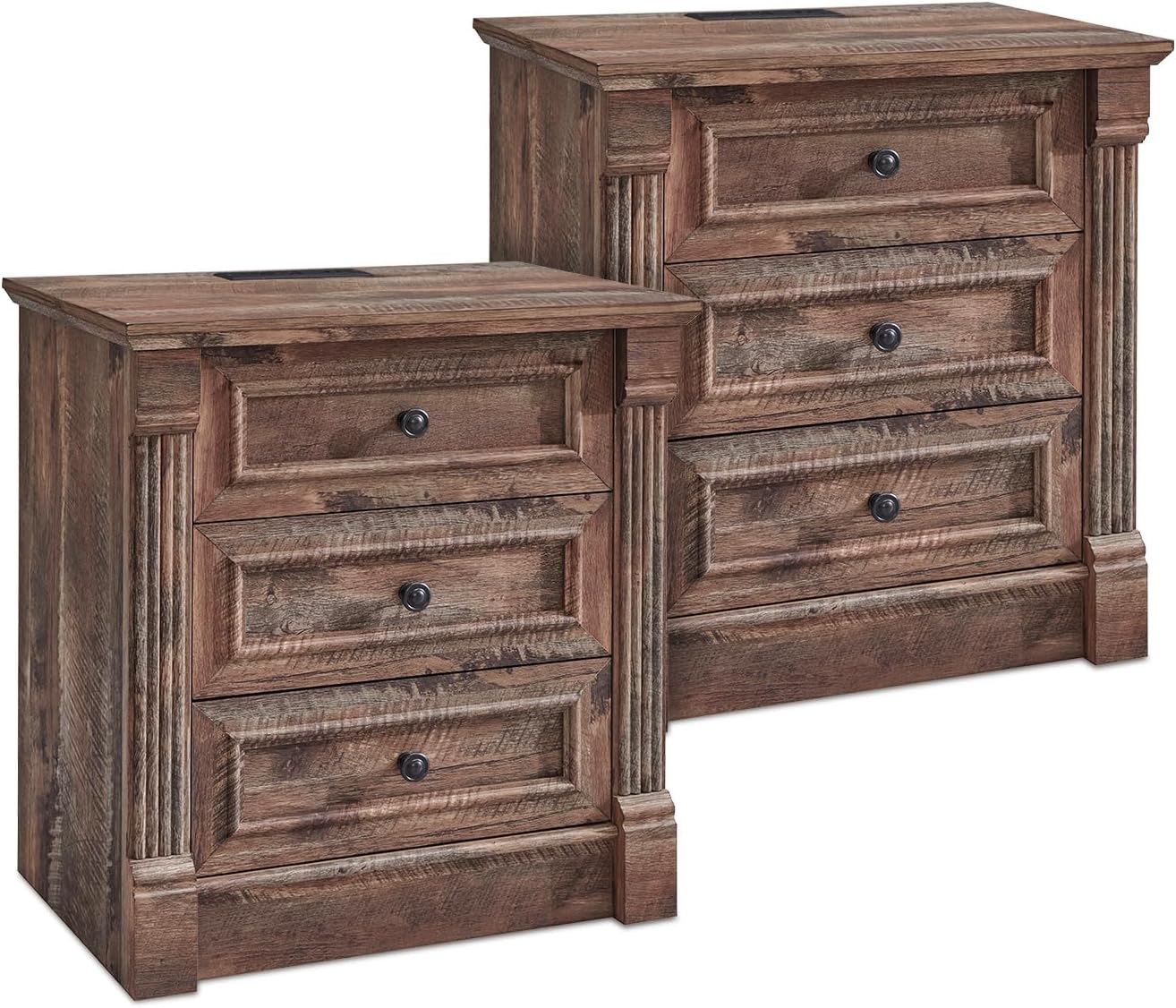 Aitjunz 26" Tall Farmhouse Nightstand Set of 2, 3 Drawers End Table w/Charging Station, 23.6" Wide Large Side Table w/Roman Column, Wood Rustic Sofa Table for Bedroom, Light Gray