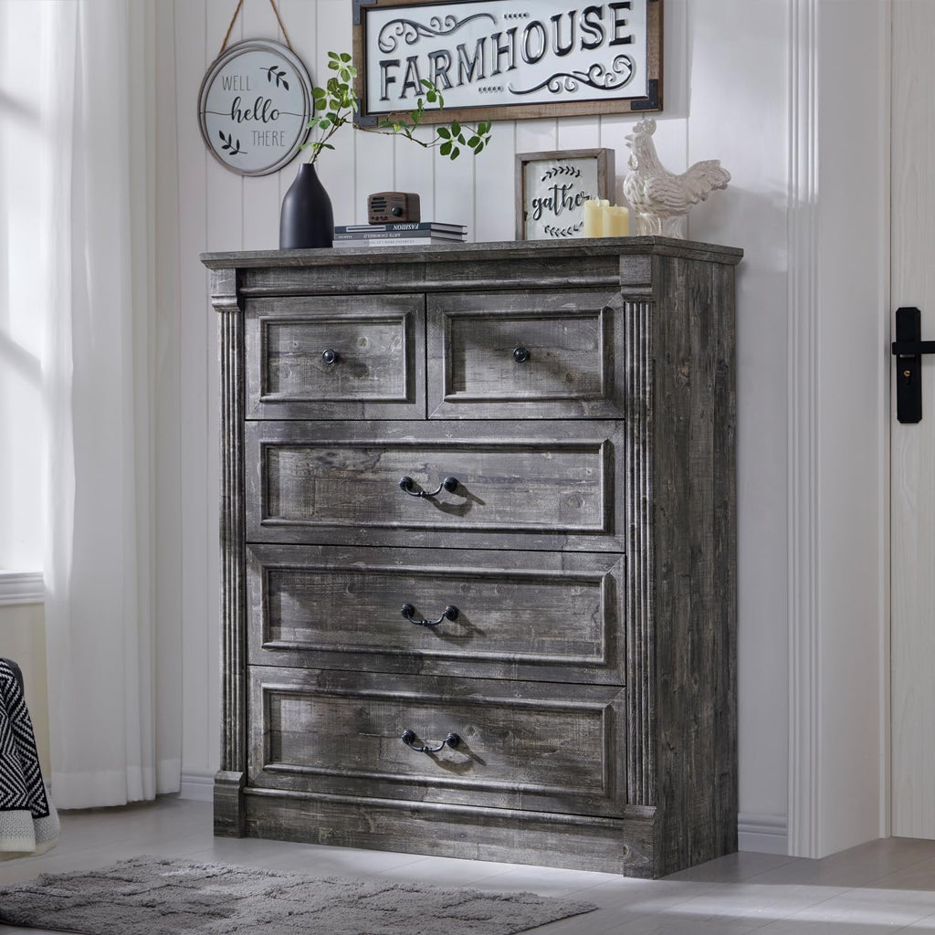 Aitjunz 5 Drawers Dresser for Bedroom, Farmhouse 46" Tall Dressers & Chests of Drawers w/Roman Column, Wood Rustic Closet Dresser w/Two Different Drawer Sizes for Bedroom, Living Room, Light Grey